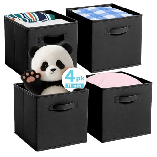 Pinkgarden Storage Box, Collapsible Fabric Storage Cube with Handles for Home, Kids Room, Closet and Toy Organization,Pack of 4, 26.7 x 26.7 x 27.9 cm, Black