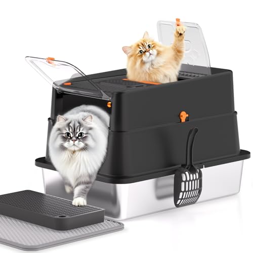 APPKER Stainless Steel Litter Tray with Lid XXL Enclosed Cat Litter Tray for Big Cats Easy to Clean High Sided Metal Kitty Front & Top Entry Scoop Mat & Foot Pedal - Black