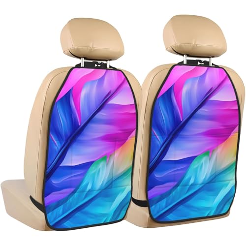 Colorful Feather Car Seat Back Kick Protectors,2 Pack Kick Mats with Storage Pockets for Vehicles to Protect from Dirt Mud Scratches