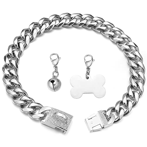 Aiyidi Dog Chain Collars Stainless Steel Silver Metal Chain Width 15Mm/19Mm With Cz Diamond Design Buckle Bling Dog Collar With Id Tag Dog Bell Waterproof Chewy For Dog Walking Training (19Mm,20'') #TOP1