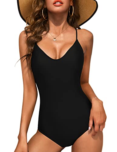 Ekouaer One Piece Swimsuits Women Bathing Suit V Neck Swimwear Tummy Control Monokini Cross Backless Swimming Suits
