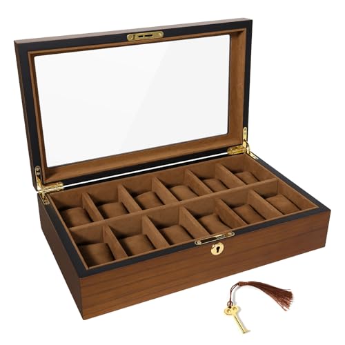 Uten Watch Box with 12 Slots, Watch Case Organizer with Golden Lock and Key, Wooden Watch Display Storage Box with Removable Watch Cushions, Velvet Lining, Metal Clasp