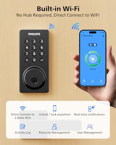 Philips Smart Lock, Smart Door Lock Built-in WiFi, App Remote Control, Keyless Entry Door Lock for Front Door, Deadbolt Lock Auto Lock, Support Alexa & Google, IP54 Waterproof, Black - Image 3