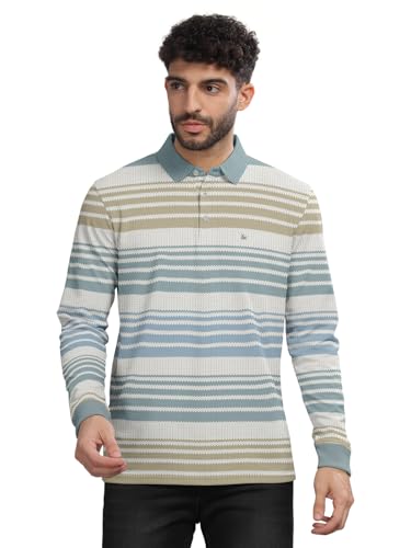 Image of BULLMER Striped Textured Printed Polo Neck Fullsleeve T-Shirt with Rib for Men
