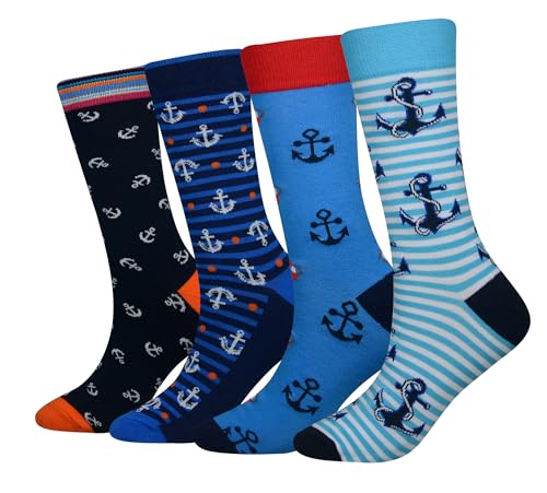 Cansok Mens 4 Packs Anchor Socks Navy Marine Gift Fun Crazy Novelty Dress Crew Socks (Anchor - 4 pairs)