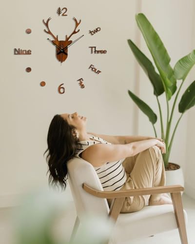 Image of cozyloom Deer Face Wooden Wall Clock | Decorative Wall Decor for Living Room, Bedroom, Office & Home | Brown Design Wall Clock.