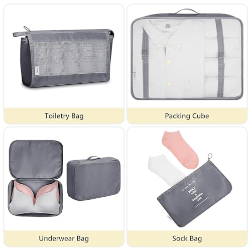 Image of 7pcs pouche Set Travel Organizer Packing Cubes Lightweight Travel Luggage Organizers with Laundry Bag or Toiletry Bag Laundry Organiser (7 PCS) (GREY)