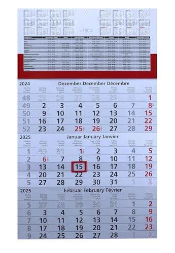 Dreimonatskalender 2025 mit Datumschieber in Rot, inkl. Ferienübersichten und Jahresüberblick 2025 und 2026, werbefrei, 3 Monats Wandkalender
