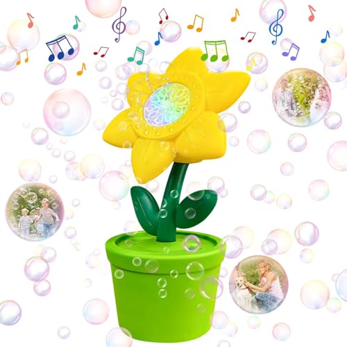 MEMOVAN Sunflower Bubble Machine Flower Bubble Maker Flower Pot Bubbles Machine Automatic Bubble Maker Toy with Musical & Lights for Kids Birthday Summer Toys Wedding (Bubble Solution Not Included)