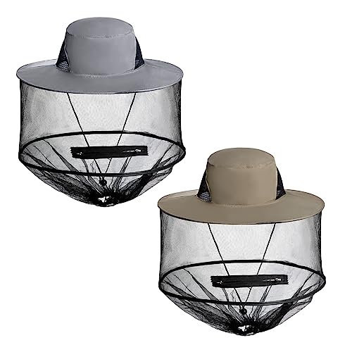 Sucrain 2 Pack Mosquito Head Net Hat Sun Hat Garden Bug Hat with Hidden Net Mesh for Outdoor Gardening (Dark Beige Dark Grey)