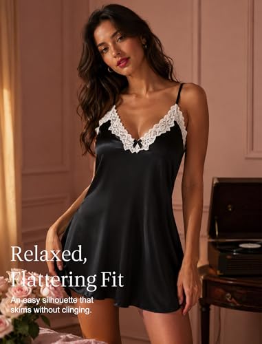 Image of Girece Sexy Night Gowns for Woman Silk Nightgown Lace Trim Sleep Dress Babydoll Lingerie Satin Nighty Negligee