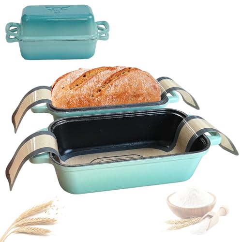 Brotbackform aus Gusseisen mit Deckel, Gusseisen Topf Brot Backen mit 2 Brotmatten Silikon, Emaille Brotbackform für Sauerteig, Robuste Brotbackformen zum...