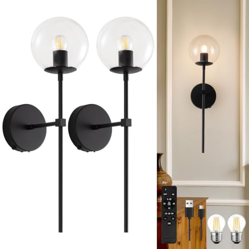 Image of Black Battery Operated wall Sconce Set of 2 Glass Globe 3000~6000K Rechargeable Wall Light Fixture Wireless Wall Lights with Clear Glass Shade for Living Room, Hallway, Bedroom(2 Pack)