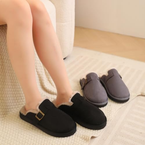 Women's Fuzzy Suede Slippers Faux Fur Memory Foam Scuff Slippers Warm Winter Slip-On House Shoes with Adjustable Buckle Indoor and Outdoor2