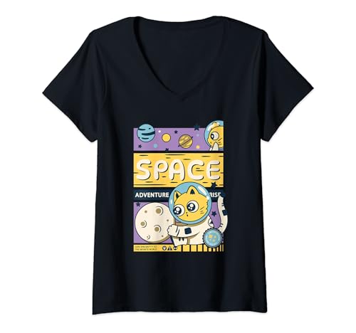 Mujer Espacio Aventura Gato Espacio Exterior Planeta Estrella Lindo Retro Camiseta Cuello V