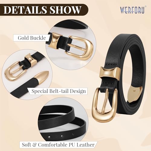WERFORU Women Belt for Jeans Pants Thin Belts for Women Fashion Skinny Belt Black and Gold 0.71" Width4