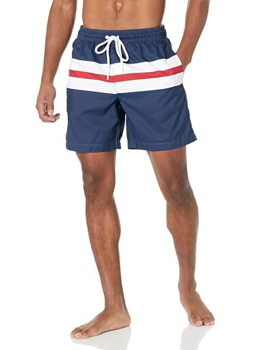 Amazon Essentials Mens 7 Swim Trunks with Mesh Lining Pockets Drawstring Closure Navy Red White Stripe Large