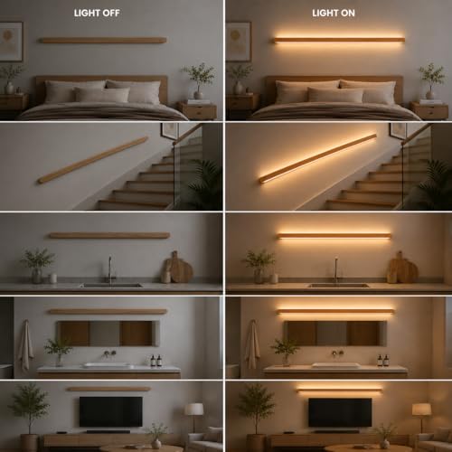 Image of EMON Premium Wooden LED Wall Light Bar 100cm | Modern Warm White Wooden Wall Lamp | Minimalist Decorative Light for Bedroom, Living Room, Staircase & Hotel Decor