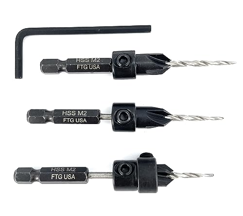Image of FTG USA #4 (7 /64 inch) Wood Countersink Drill Bit 3-Pc Set with 3 /8 inch Depth Stop