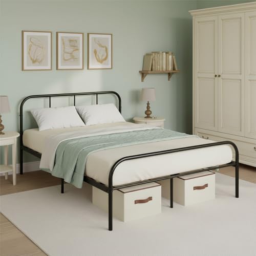 ZZINOKE Métal Cadre de Lit Double 140x190 cm, Structure en Métal, Sommier à Lattes Robuste et Durable, avec Tête et Pied, Facile à Monter, Nombreux...