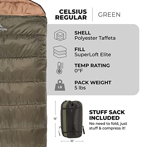 Teton Sports Celsius Regular Sleeping Bag; Great For Family Camping Green Poly Liner, 80 X 33-Inch, Right #TOP2