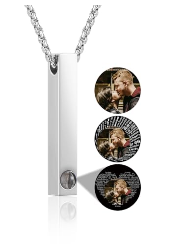 PiercingJak Personalised Photo Necklace Projection Necklace with Picture Inside Custom Photo Vertical Cuboid Bar Pendant Necklace Personalised Memorial Gifts for Women Men