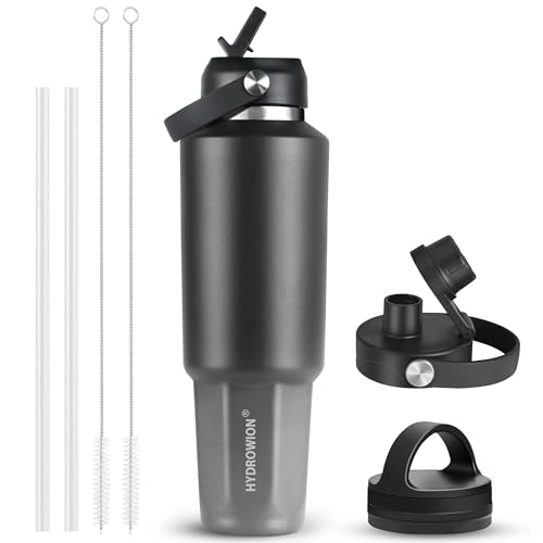 Image of HYDROWION 40 oz Insulated Water Bottle, Car Water Bottle Holder - Double Wall Vacuum Insulated Travel Bottle with Straw Lid, Spout Lid and Flex Cap - Cold for 24H, Hot for 12H, Black - Grey