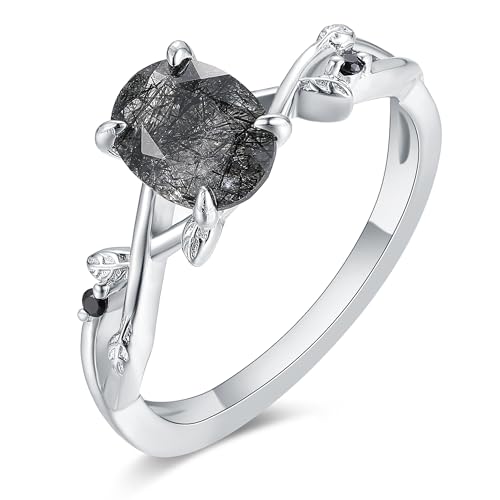 Art Deco Natural Moss Agate Ring for Women 925 Sterling Silver Black Rutilated Quartz Gemstone Wedding Engagement Promise Ring for Her Size 4-9