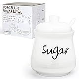 Swetwiny Porcelain Sugar Bowl with Lid and Spoon, 12 Ounces Ceramic Sugar Storage Jar, White Seasoning Container for Home and Kitchen (Sugar)