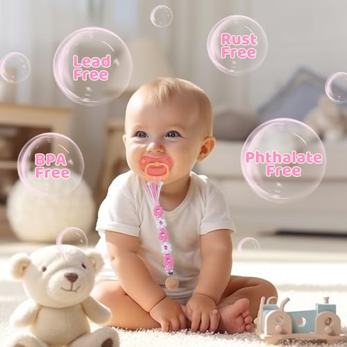 Image of Pacifier Clip for Boys Girls Floral Daisy Macrame Baby Paci Clip Pacifier Holder Leash Boho Wooden Clips Handmade Braided Cotton Binky Clips (1pack:Pink Daisy A)