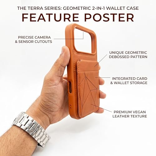 Image of amazon basics Premium Vegan Leather Back Cover with Card Holder and Integrated Mobile Stand for iPhone 17 Pro - Slim Shockproof Wallet Case with Geometric Stitching [Tan]
