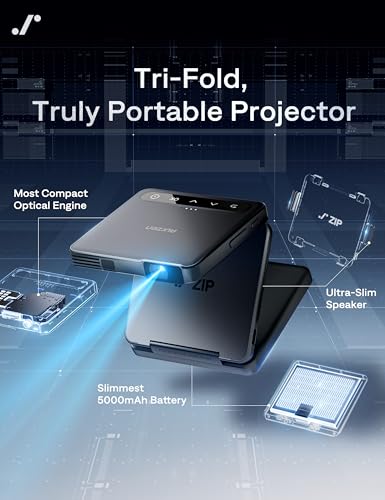undefined Aurzen ZIP Tri-Fold DLP Ultra-Portable Mini Projector with Bluetooth 5.4, Screen Mirroring, 5000mAh Battery, Type-C Fast Charging, Zero-Lag Focus&Keystone, Pocket Pico Projector, Built-in Stand, Grey の商品画像 1