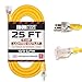 25 Foot Lighted Outdoor Extension Cord - 10/3 SJTW Yellow 10 Gauge Extension Cable with 3 Prong Grounded Plug for Safety - Great for Garden and Major Appliances