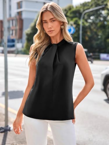 Simplee Womens Sleeveless Mock Neck Blouse Satin Work Business Casual Top (Black, M) - image 2