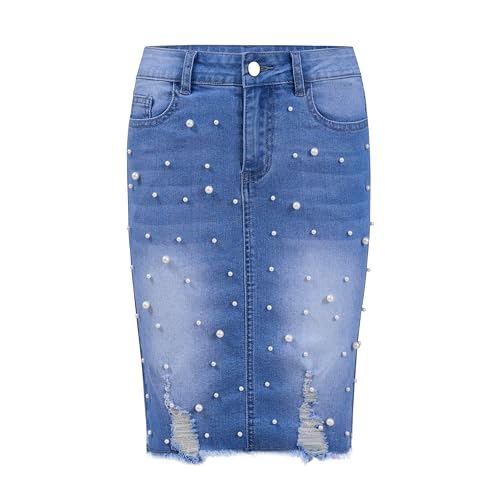 Women's Pearl Waist Knee Length Slim Fit Pencil Elastic Denim Skirt