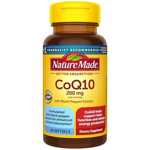 Nature Made CoQ10 200mg per Serving with Black Pepper Extract for Enhanced Nutrient Absorption CoQ10 Supplement for Heart Health Support 60 Softgels 30 Day Supply