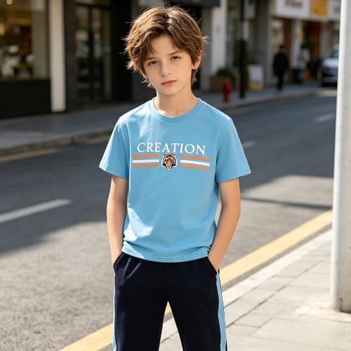 Image of Yoxindax Tween Boy Clothes 2-Piece Letter Print Tee And Color-Block Pants Summer Outfits