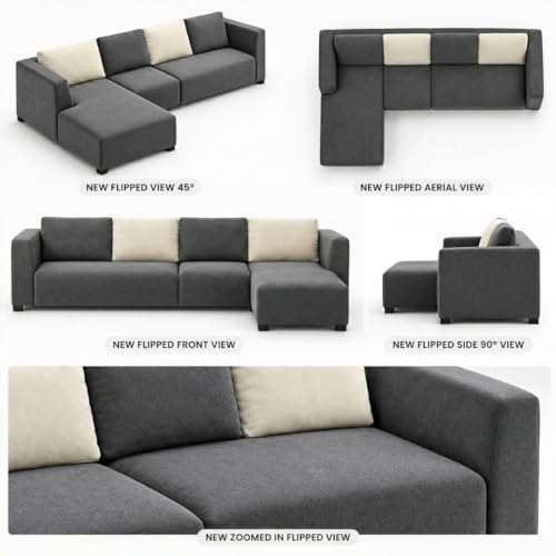Image of FURNY Olympus 6 Seater RHS L Shape Sofa Set | Plush Velvet Suede Fabric | Modern Design | Soft Comfort Dual Color Cushions for Living Room, Office & Hotels (Dark Grey-Cream)
