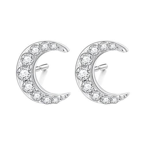 S925 Sterling Silver Cz Crescent Moon Stud Earrings