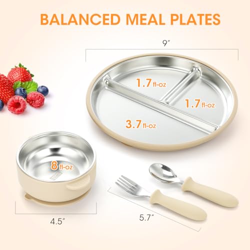 Aieve Stainless Steel Kids Plates and Bowls with Suction,4 Pcs Kids Dinnerware Set Including Spoon,Fork,Divided Toddler Suction Plates and Suction Bowls