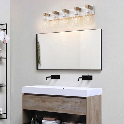 Image of IZORRO Farmhouse Bathroom Vanity Light, 5-Light Wood Bathroom Light Fixtures Over Mirror, Matte White Industrial Vanity Lights with Metal Shade, Rustic Restroom Lighting Fixtures