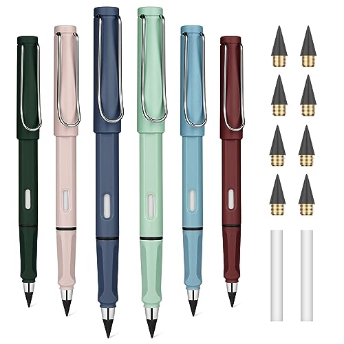 OFFCUP 6 PCS Inkless Pencil, Infinity Pencil with 6pcs Replacement Nibs and 2pcs Eraser, Reusable Everlasting Pencils, No Sharpen Pencils for Writing, Drawing, Drafting, Back to School Gift