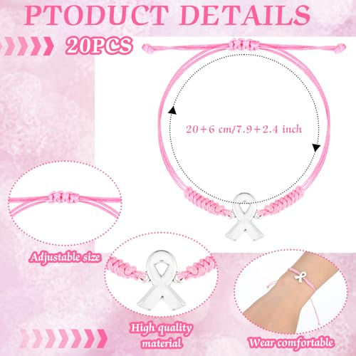 Sasylvia 20/50/100 Pcs Breast Cancer Awareness Bracelets Adjustable Cord Stretch Pink Ribbon Braided Bracelets Breast Cancer Gifts for Women3