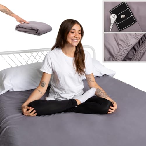 Grounding Sheet Twin,10% Conductive Silver, 90% Organic Cotton, Grounding Fitted Sheet, Earthing Sheet, 400 Thread-Count Luxurious Feel, Better Sleep, Grounding Sheets (Grey, Twin)