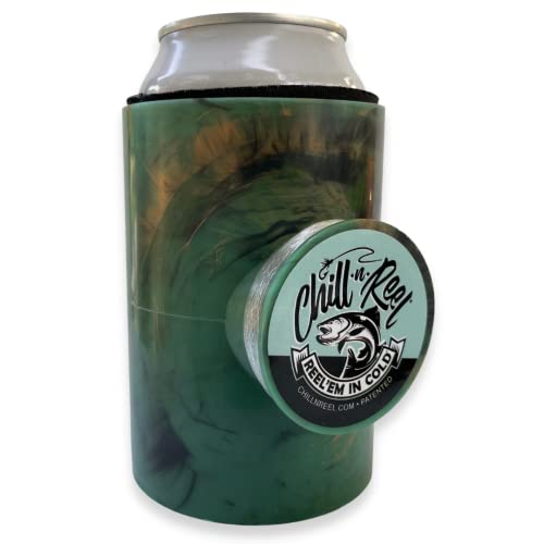 Chill-N-Reel Fishing Can Cooler With Hand Line Reel Attached | Hard Shell Drink Holder Fits Any Standard Insulator Sleeve Or Coozie | Unique Fun Fishing Gift (Camo) #TOP4