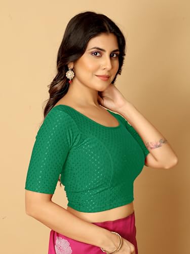 Image of Amazon Brand - Anarva Round Neck Dobby Cotton Lycra Stretchable Elbow Half Sleeve Readymade Saree Blouse for Women Stylish