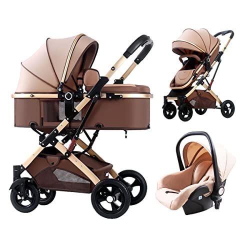 Poussette nouveau-né 3 en 1 pour 0-3 ans, chariot pliable de luxe avec panier bébé, ressorts d'absorption des chocs, landau haute vue