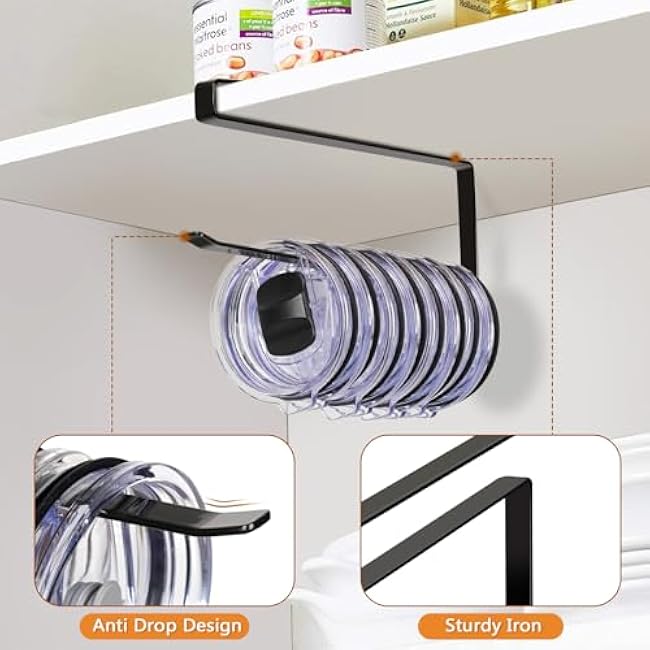 Tumbler Lid Organizer 2 Pack Tumbler Lid Storage Hook Up to 20 Lids, Space Saving Cup Lid Holders Under Cabinet Tumbler Lid Hanger for Kitchen Storage, Horizontal Paper Towel Hanger (Black)