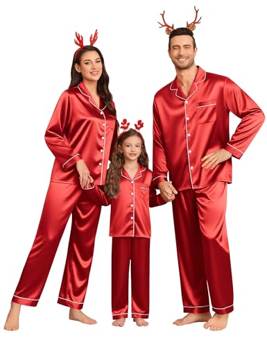 SWOMOG Family Matching Pajamas Set Silk Satin Button Down Sleepwear Long Sleeve Nightwear 2 Pcs Pj Set Men Cherry Red X-Large