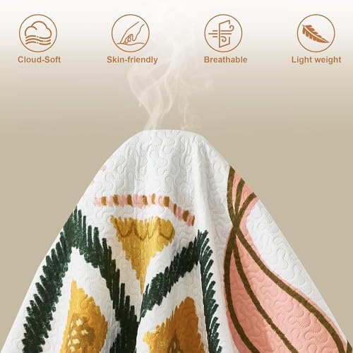 Image of Tyrot 2 Piece Boho Floral Quilt Sets Twin Size Farmhouse Botanical Reversible Lightweight Bedspread Coverlet with 1 Sham Mid Century Leaves Microfiber Bedding Quilts Set for All Season, 68''x86''